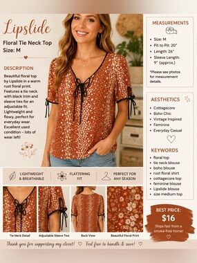 Lipslide Rust Floral Tie-Neck Blouse with Black Trim